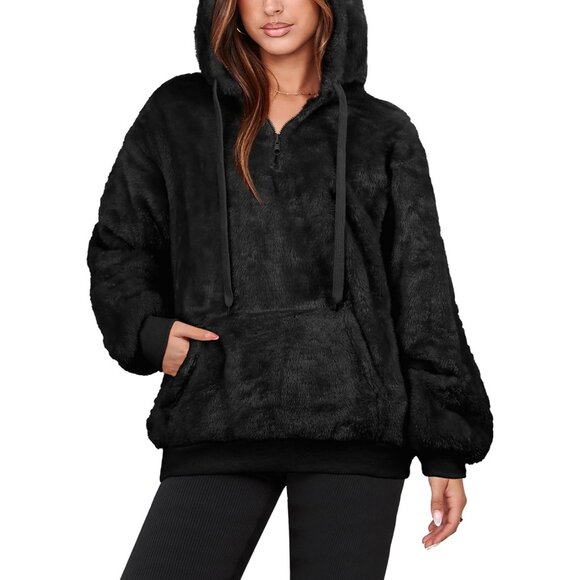 Tops - Women Black Oversized Fuzzy Fleece Zip up Hoodie Sweatshirt